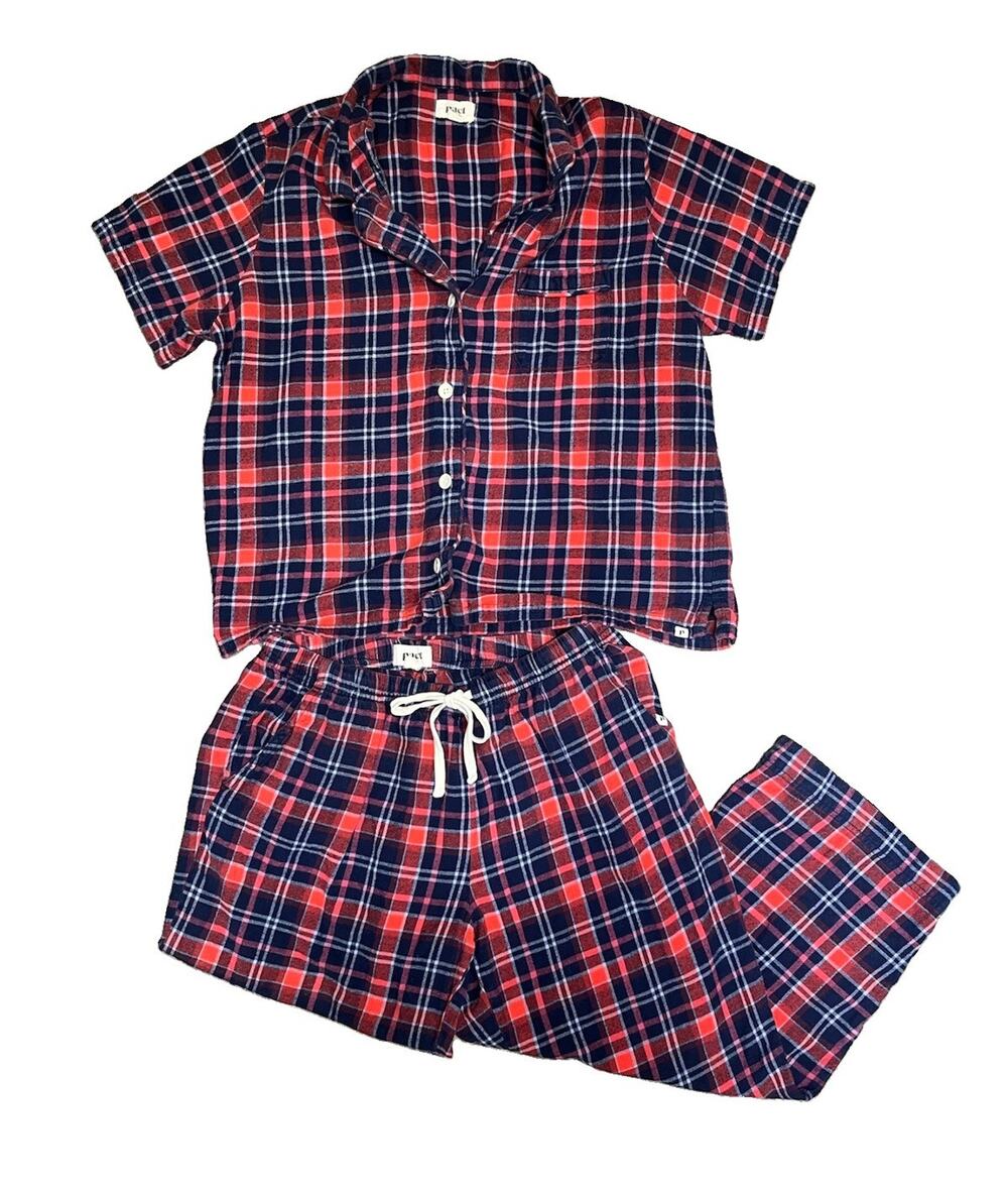 Pact Organic Cotton Plaid PJ Set Women L Cropped Capri Pants Lounge Sleepwear